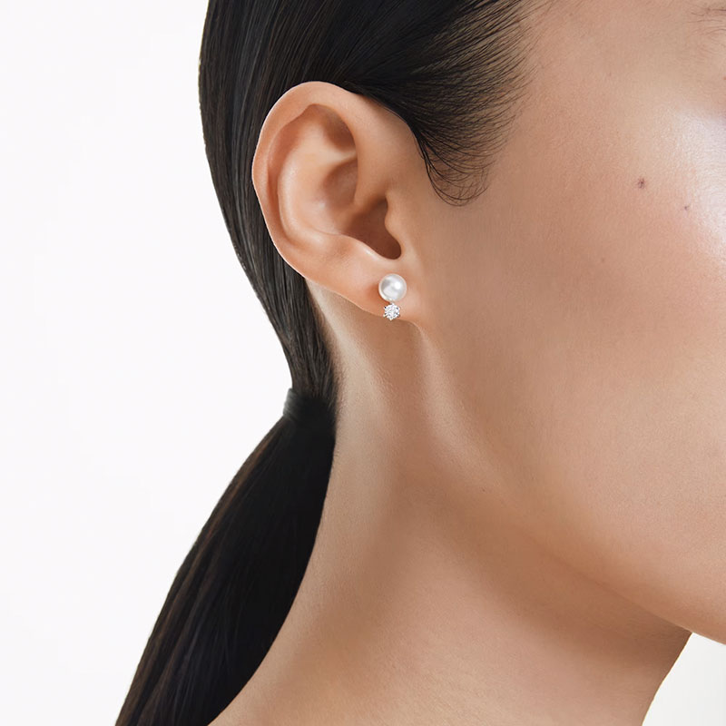 Swarovski Matrix Crystal Pearl Round Cut Stud Earrings, White and Rhodium Plated