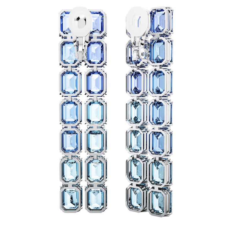 Swarovski Millenia Octagon Cut Clip Long Earrings, Blue Color Gradient and Rhodium Plated