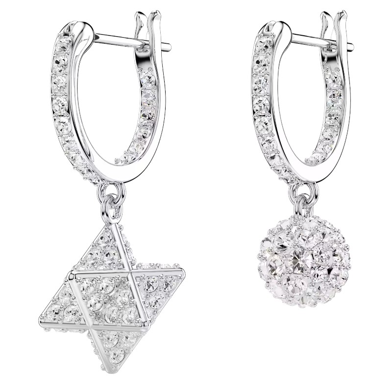 Swarovski Dextera Asymmetrical Design Round Cut Star and Sphere Drop Earrings, White and Rhodium Pla
