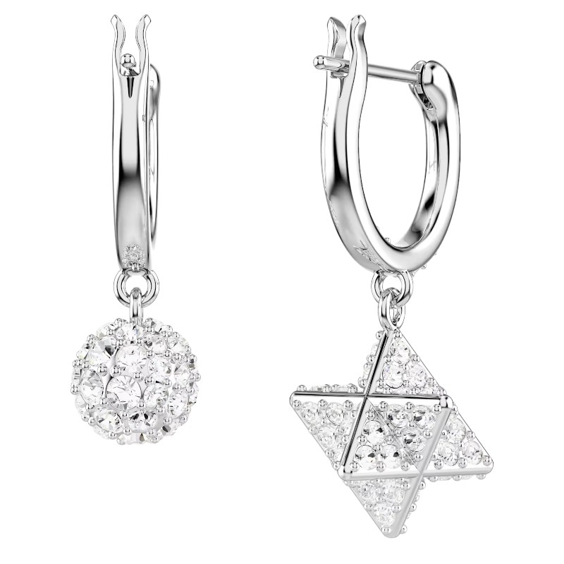 Swarovski Dextera Asymmetrical Design Round Cut Star and Sphere Drop Earrings, White and Rhodium Pla