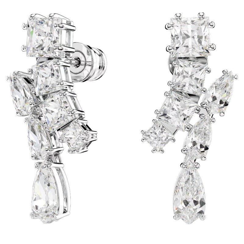 Swarovski Matrix Mixed Cuts Drop Earrings, White and Rhodium Plated