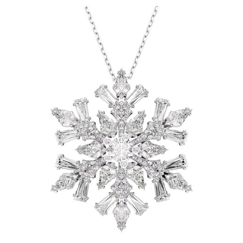 Swarovski Idyllia Mixed Cuts Snowflake Necklace and Brooch, White and Rhodium Plated