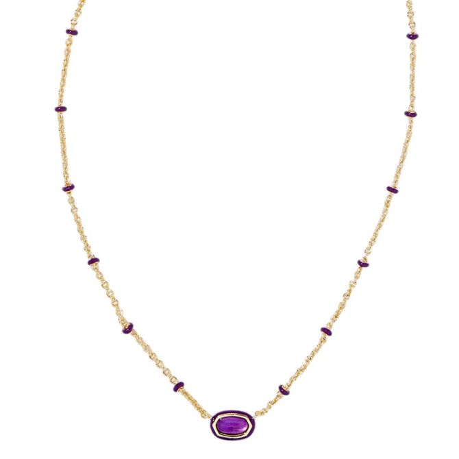 Kendra Scott Mini Elisa Yellow Gold Tone Enamel Frame Necklace in Purple Mother of Pearl