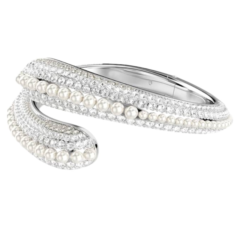 Swarovski Round Cut Crystal Pearl Sublima White and Rhodium Plated Cuff, Large