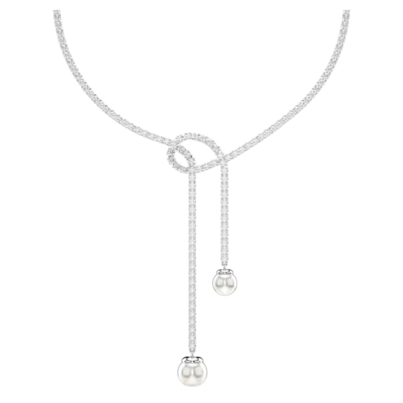 Swarovski Round Cut Crystal Pearl Matrix Y Necklace, White and Rhodium Plated