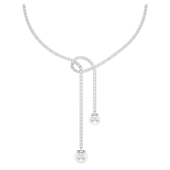Swarovski Round Cut Crystal Pearl Matrix Y Necklace, White and Rhodium Plated
