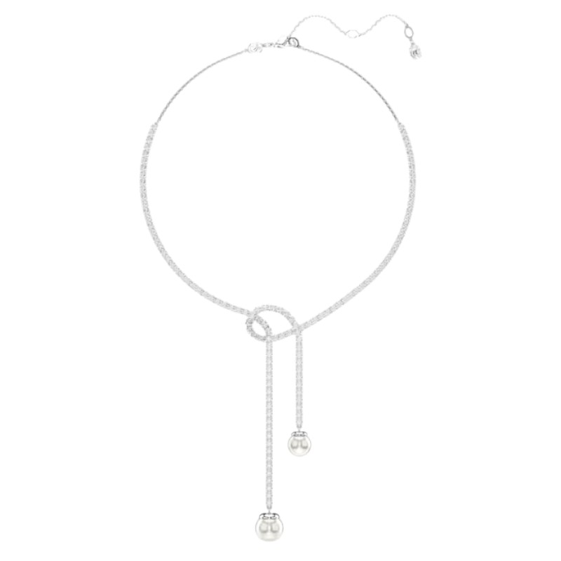 Swarovski Round Cut Crystal Pearl Matrix Y Necklace, White and Rhodium Plated