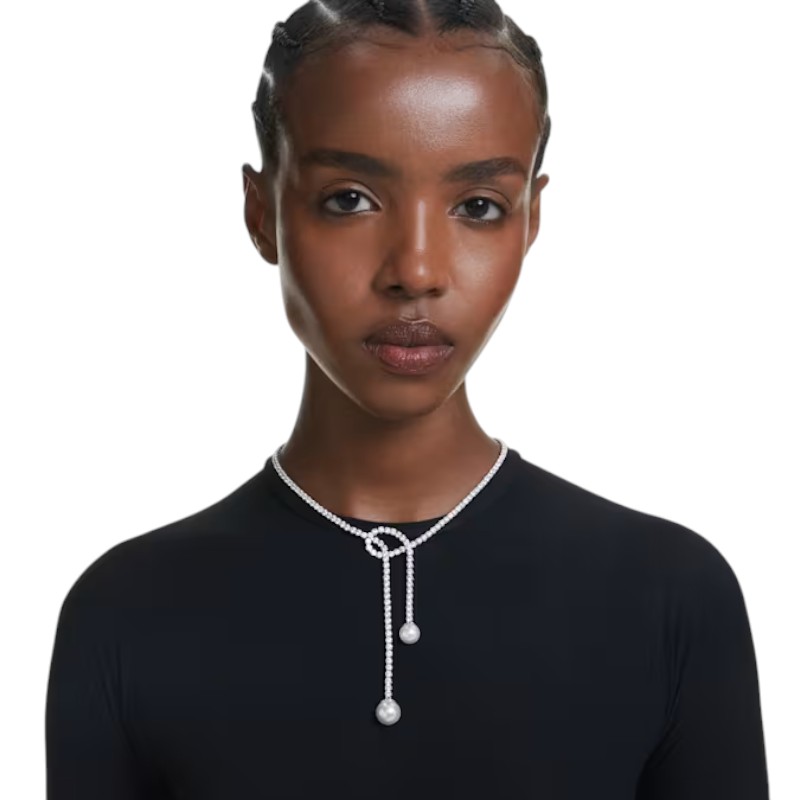 Swarovski Round Cut Crystal Pearl Matrix Y Necklace, White and Rhodium Plated