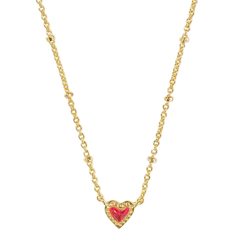 Kendra Scott Mini Ari Heart Yellow Gold Tone Satellite Necklace in Red Kyocera Opal