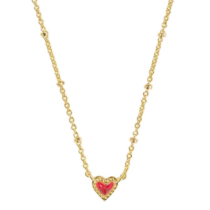 Kendra Scott Mini Ari Heart Yellow Gold Tone Satellite Necklace in Red Kyocera Opal