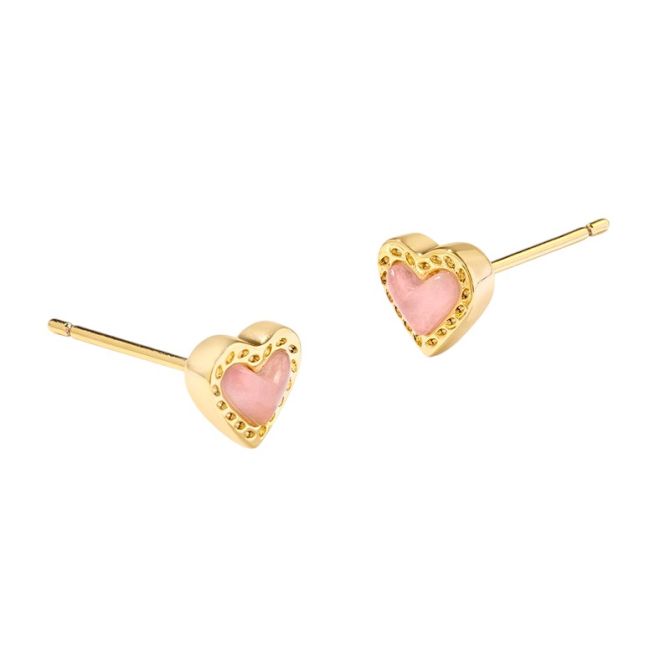 Kendra Scott Mini Ari Heart Yellow Gold Tone Stud Earrings in Rose Quartz