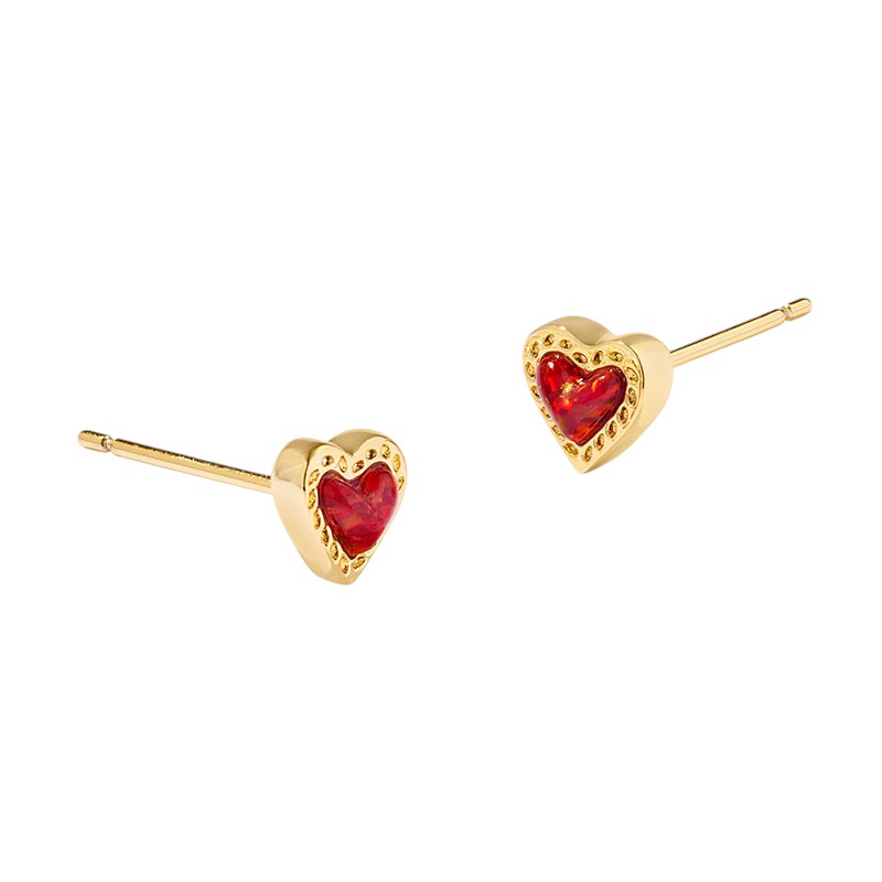 Kendra Scott Mini Ari Heart Yellow Gold Tone Stud Earrings in Red Kyocera Opal