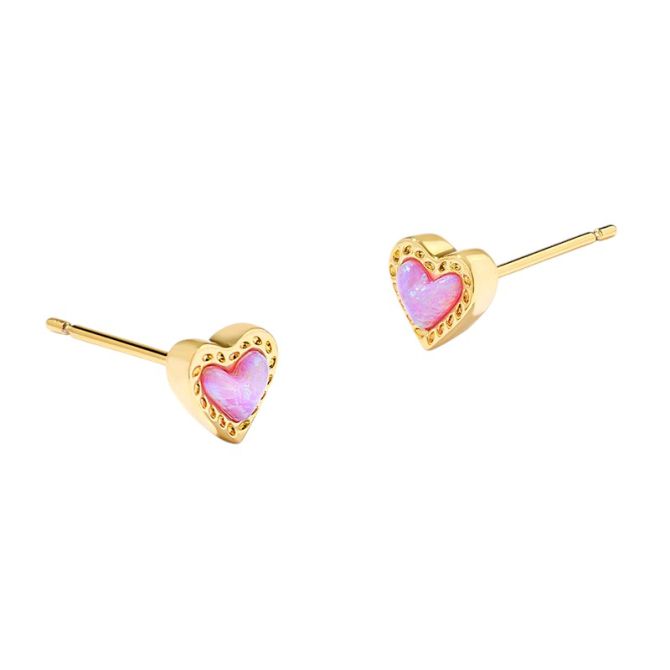 Kendra Scott Mini Ari Heart Yellow Gold Tone Stud Earrings in Bubblegum Pink Kyocera Opal