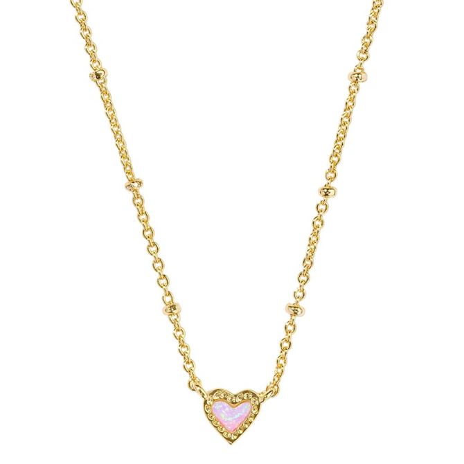 Kendra Scott Mini Ari Heart Yellow Gold Tone Satellite Short Pendant Necklace in Bubblegum Pink Kyoc