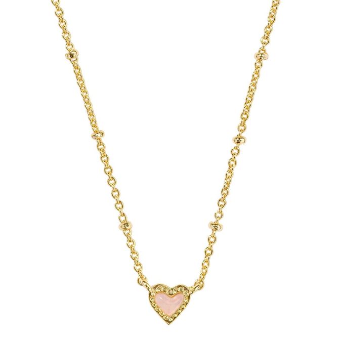 Kendra Scott Mini Ari Heart Yellow Gold Tone Satellite Short Pendant Necklace in Rose Quartz