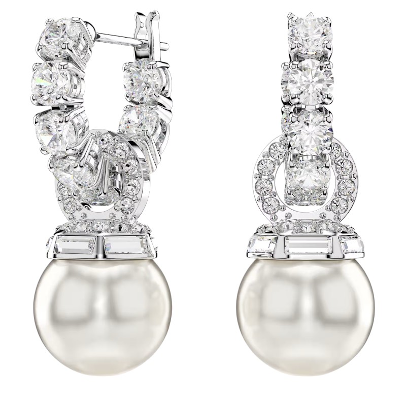Swarovski Crystal Pearl Round Cut Matrix Drop Earrings, White and Rhodium Plated