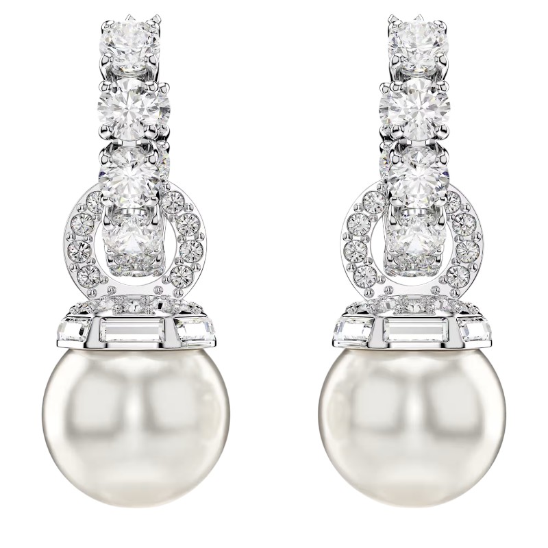 Swarovski Crystal Pearl Round Cut Matrix Drop Earrings, White and Rhodium Plated