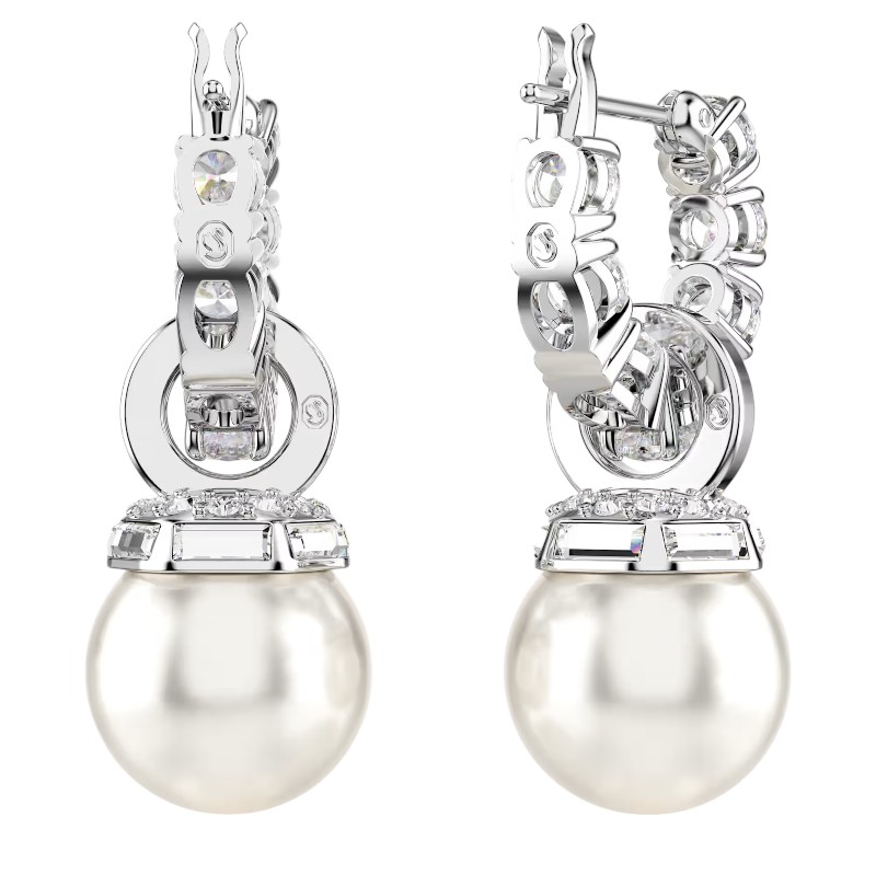 Swarovski Crystal Pearl Round Cut Matrix Drop Earrings, White and Rhodium Plated