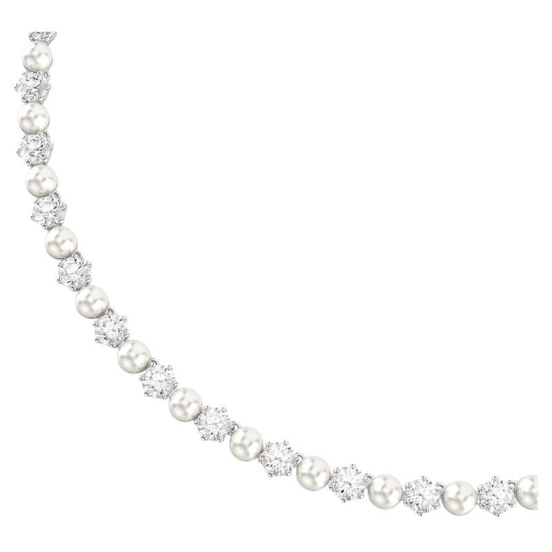 Swarovski Crystal Pearl Round Cut Matrix Tennis Necklace, White and Rhodium Plated