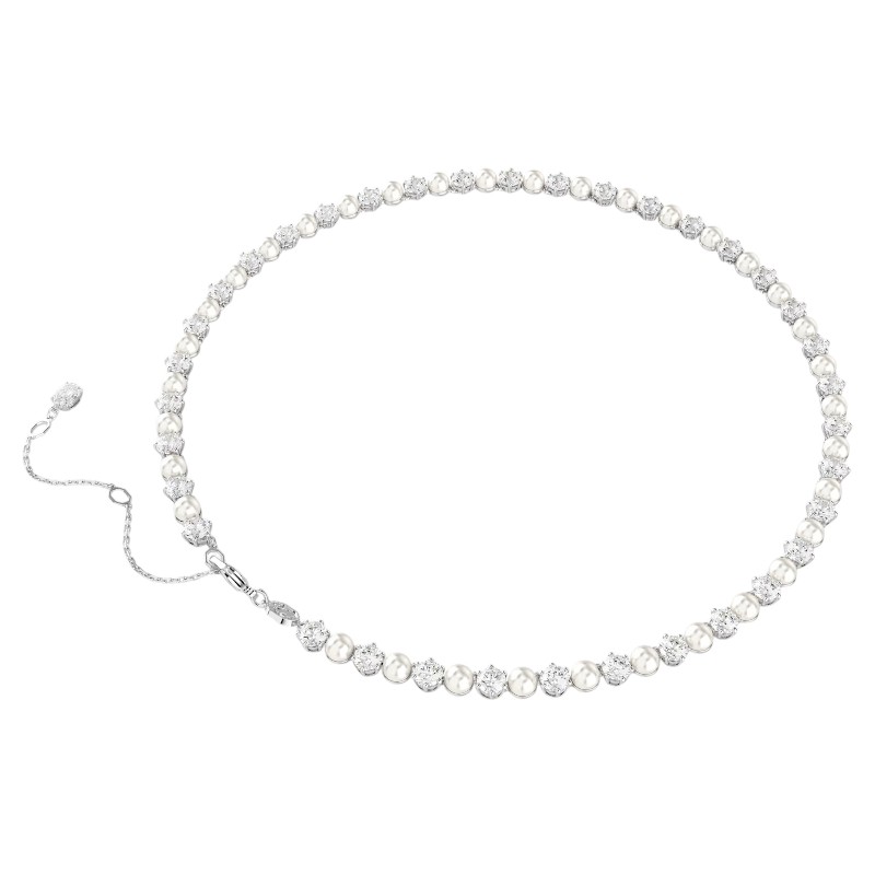 Swarovski Crystal Pearl Round Cut Matrix Tennis Necklace, White and Rhodium Plated