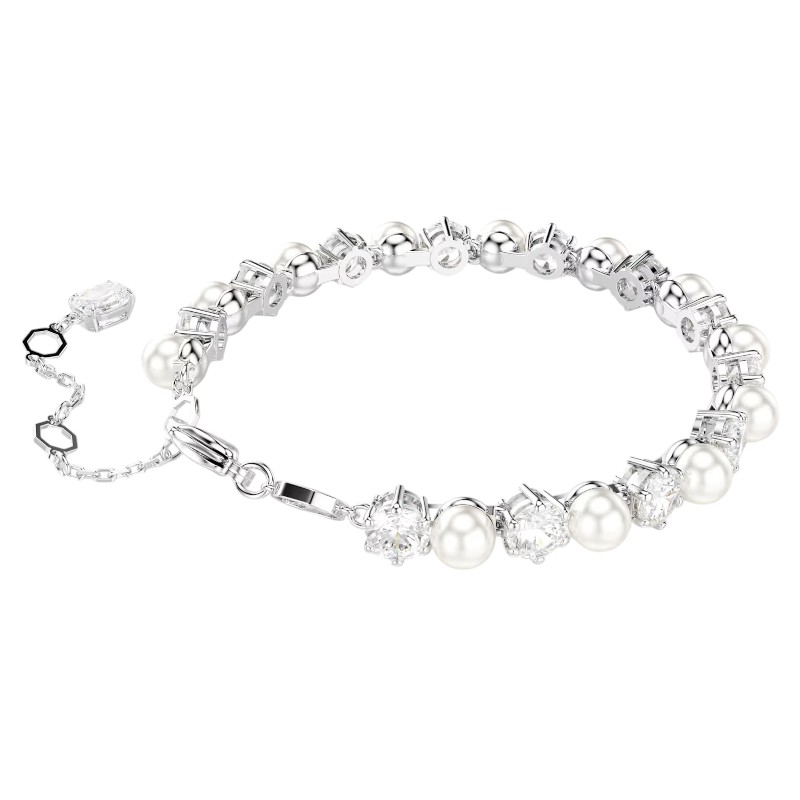 Swarovski Crystal Pearl Round Cut Matrix Tennis Bracelet, White and Rhodium Plated