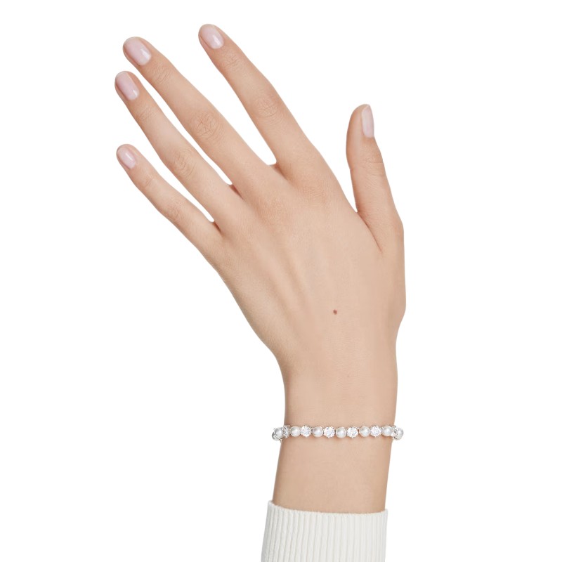 Swarovski Crystal Pearl Round Cut Matrix Tennis Bracelet, White and Rhodium Plated