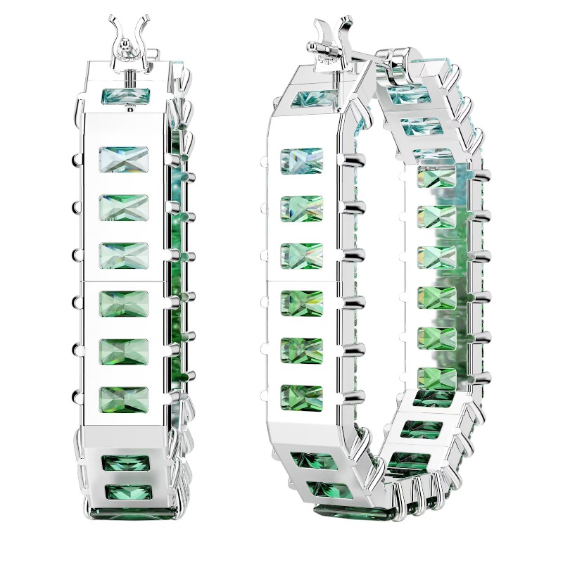 Swarovski Baguette Cut Matrix Hoop Earrings, Green and Rhodium Plated