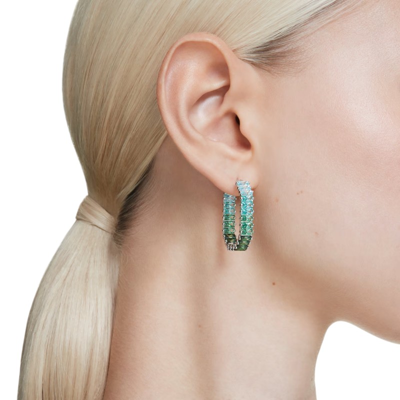 Swarovski Baguette Cut Matrix Hoop Earrings, Green and Rhodium Plated
