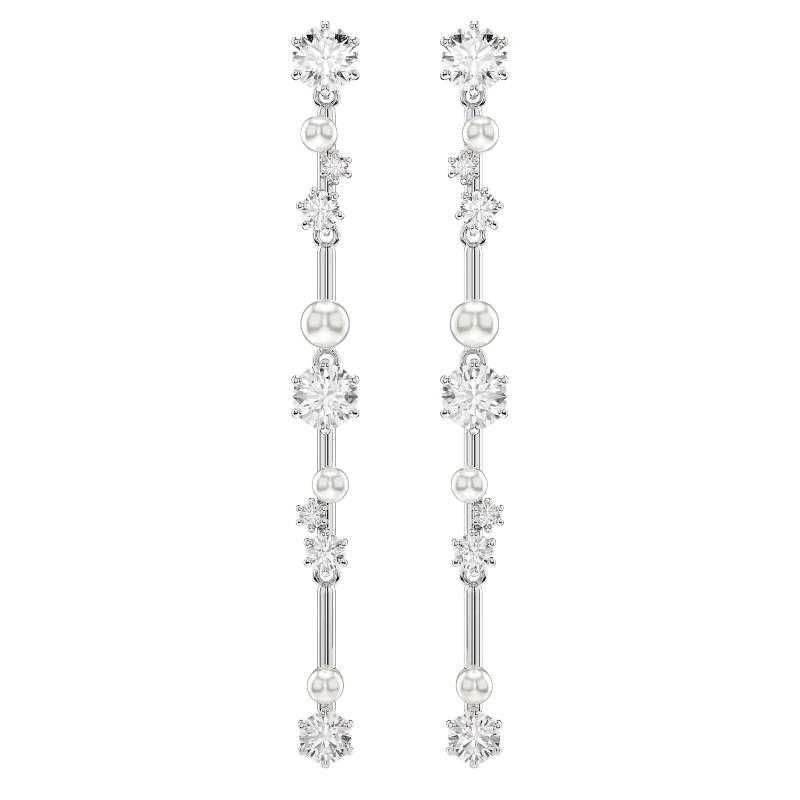 Swarovski Crystal Pearl Round Cut Constella Drop Earrings, White and Rhodium Plated