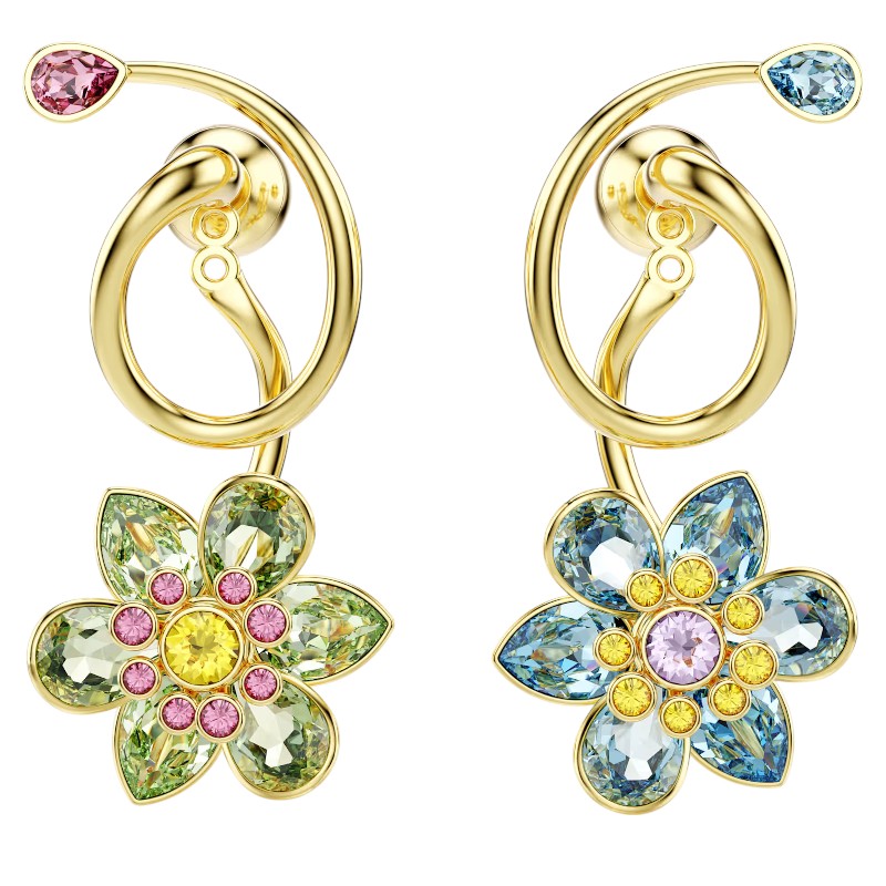 Swarovski Idyllia Asymmetrical Design Mixed Cuts Flower Drop Earrings, Multicolored and Gold Tone Pl