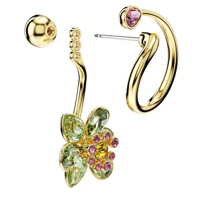 Swarovski Idyllia Asymmetrical Design Mixed Cuts Flower Drop Earrings, Multicolored and Gold Tone Pl