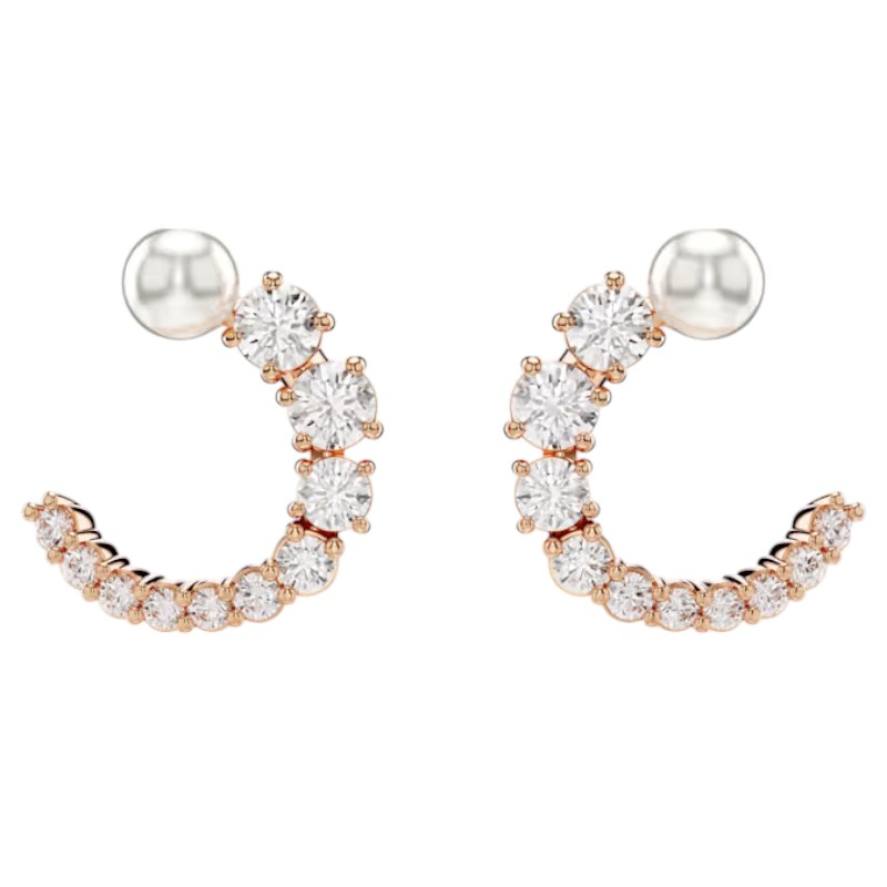 Swarovski Round Cut Crystal Pearl Round Cut Hoop Earrings, White and Rose Gold Tone Plated