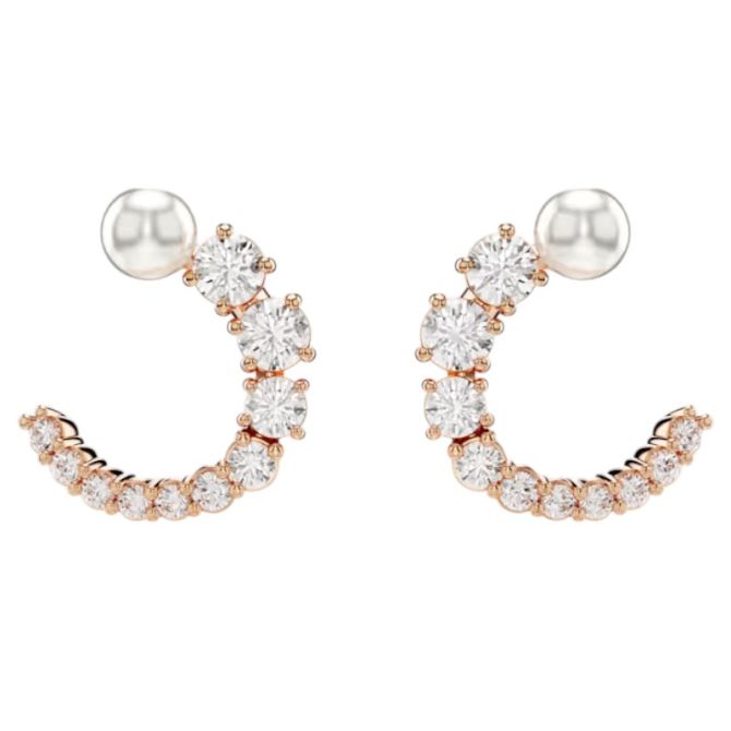 Swarovski Round Cut Crystal Pearl Round Cut Hoop Earrings, White and Rose Gold Tone Plated