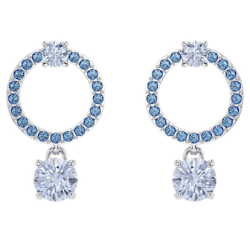 Swarovski Round Cut Attract Drop Earrings, Blue and Rhodium Plated
