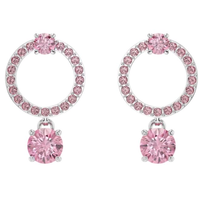Swarovski Round Cut Attract Drop Earrings, Pink and Rhodium Plated