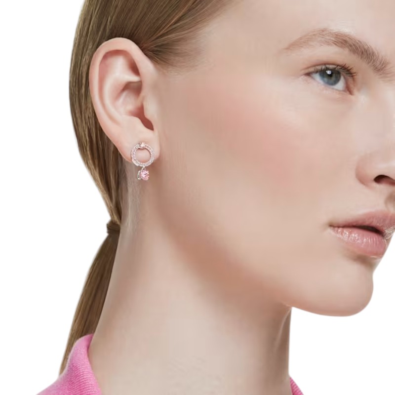 Swarovski Round Cut Attract Drop Earrings, Pink and Rhodium Plated