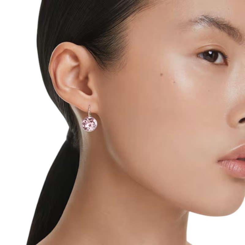 Swarovski Round Cut Bella Drop Earrings, Pink and Rhodium Plated