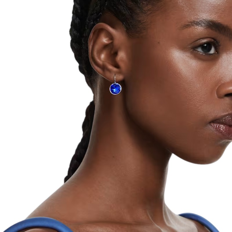 Swarovski Round Cut Bella Drop Earrings, Blue and Rhodium Plated