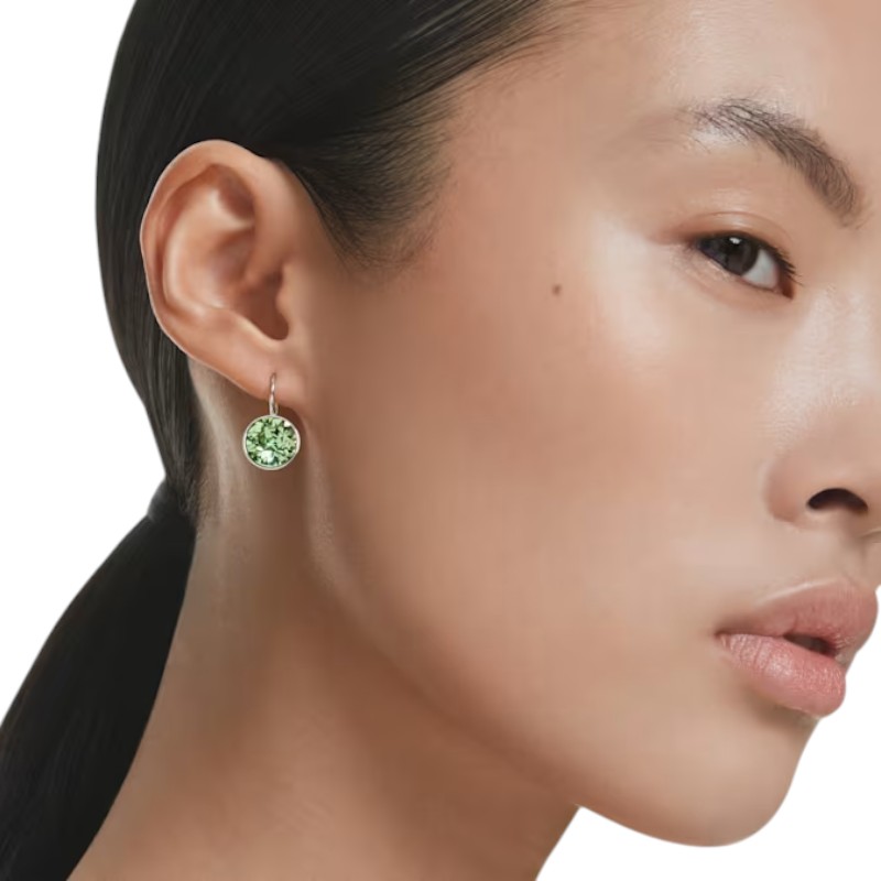 Swarovski Round Cut Bella Drop Earrings, Green and Rhodium Plated