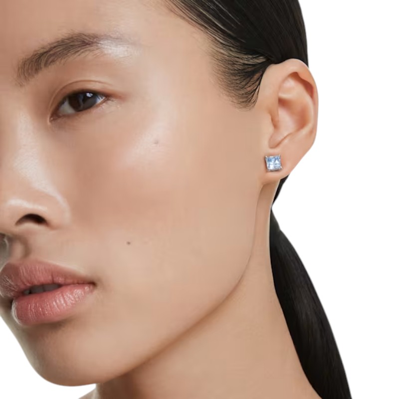 Swarovski Square Cut Matrix Stud Earrings, Blue and Rhodium Plated
