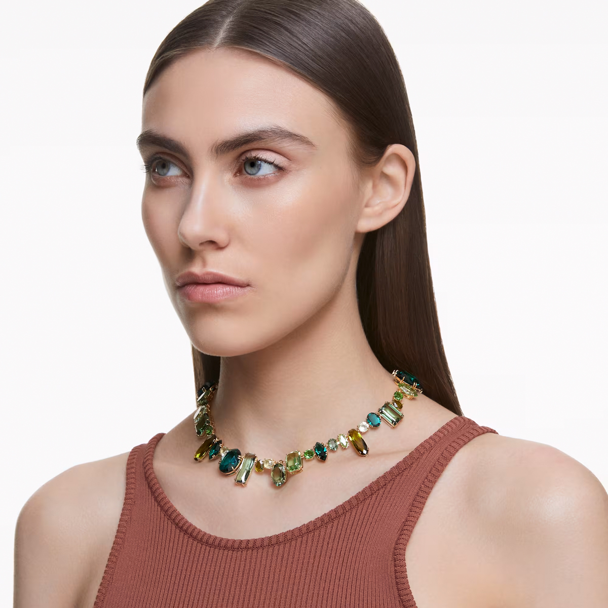 Swarovski Mixed Cuts Gema Necklace, Green and Gold Tone Plated