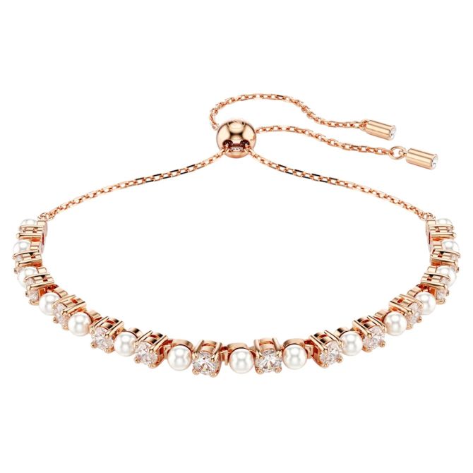 Swarovski Crystal Pearl Round Cuts Matrix Tennis Bracelet, White and Rose Gold Tone Plated