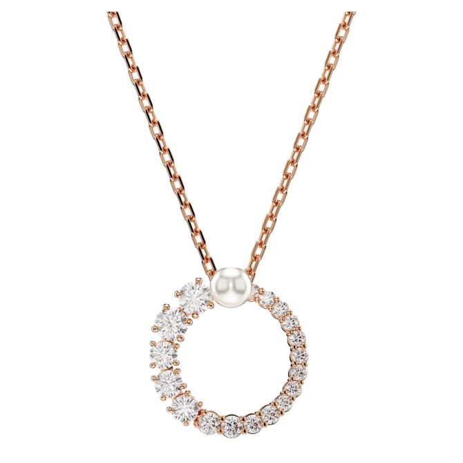 Swarovski Crystal Pearl Round Cut Matrix Pendant Necklace, White and Rose Gold Tone Plated