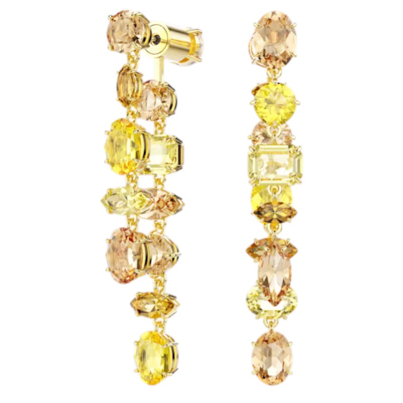 Swarovski Asymmetrical Design Mixed Cuts Long Gema Drop Earrings, Yellow and Gold Tone Plated