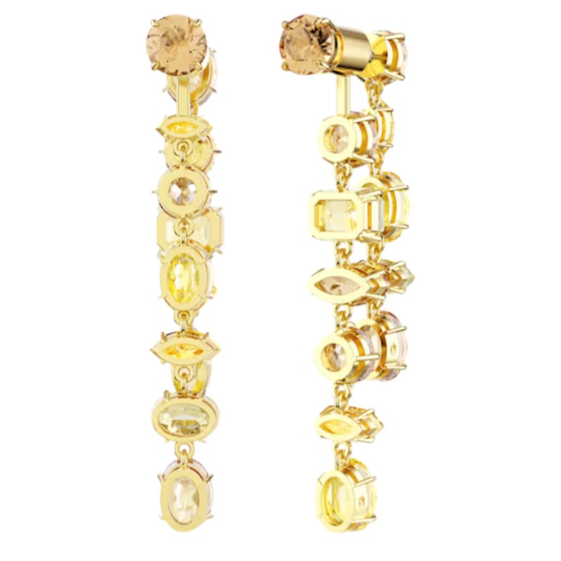 Swarovski Asymmetrical Design Mixed Cuts Long Gema Drop Earrings, Yellow and Gold Tone Plated