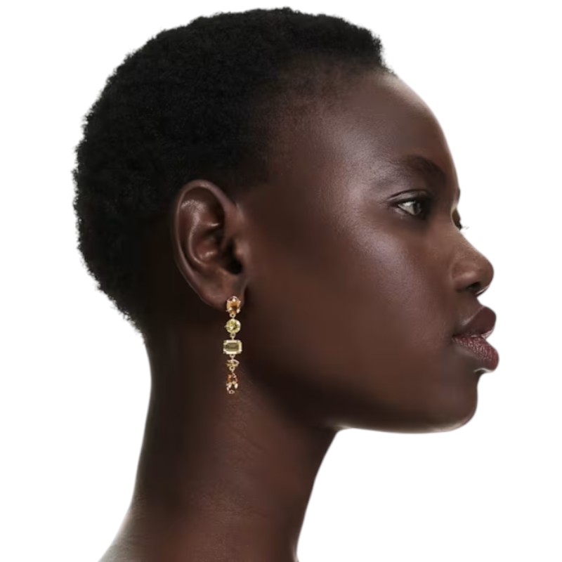 Swarovski Asymmetrical Design Mixed Cuts Long Gema Drop Earrings, Yellow and Gold Tone Plated