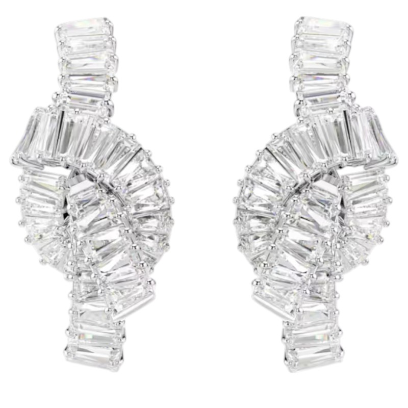Swarovski Knot Baguette Cut Matrix Earrings, White and Rhodium Plated