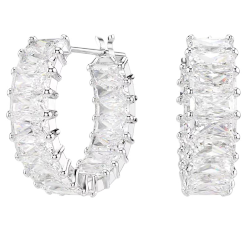 Swarovski Baguette Cut Matrix Hoop Earrings, White and Rhodium Plated