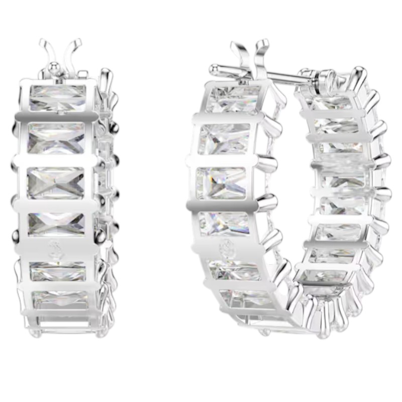 Swarovski Baguette Cut Matrix Hoop Earrings, White and Rhodium Plated