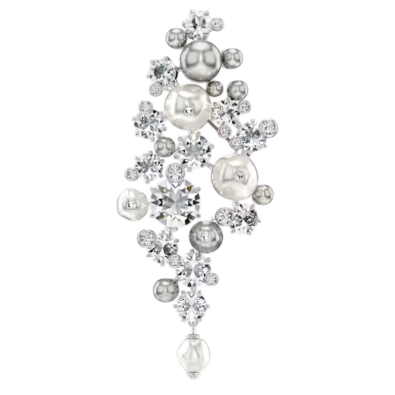 Swarovski Crystal Pearl Round Cut Constella Brooch, White and Rhodium Plated